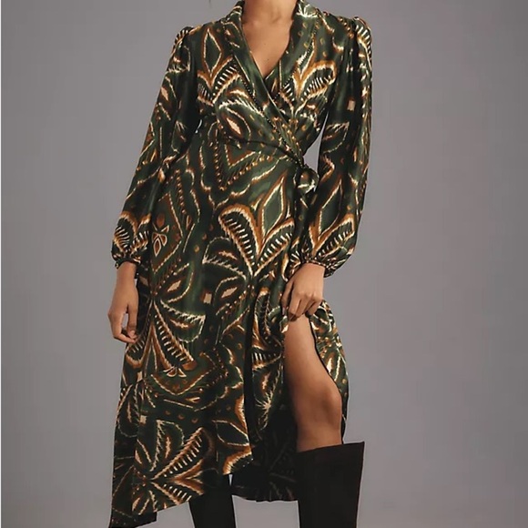 Farm Rio green Ikat print long sleeve midi wrap dress - XS NWT - Picture 2 of 6